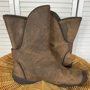 Keen Brown Leather Mid Calf  Slip On Winter Boot Wool Lining Velcro Closure SZ 9